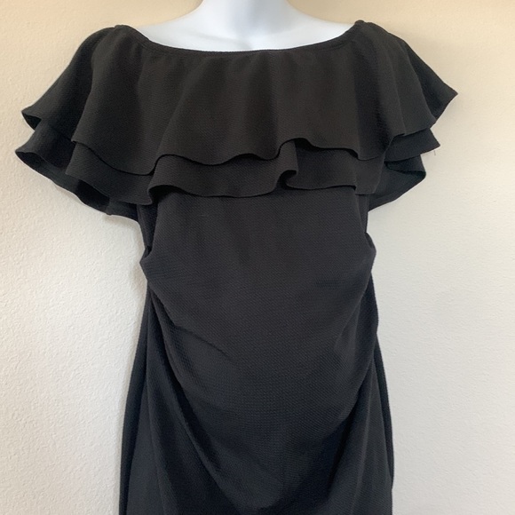 Pinkblush Black Off Shoulder Ruched Ruffle Layered Maternity Mini Dress - Picture 5 of 11